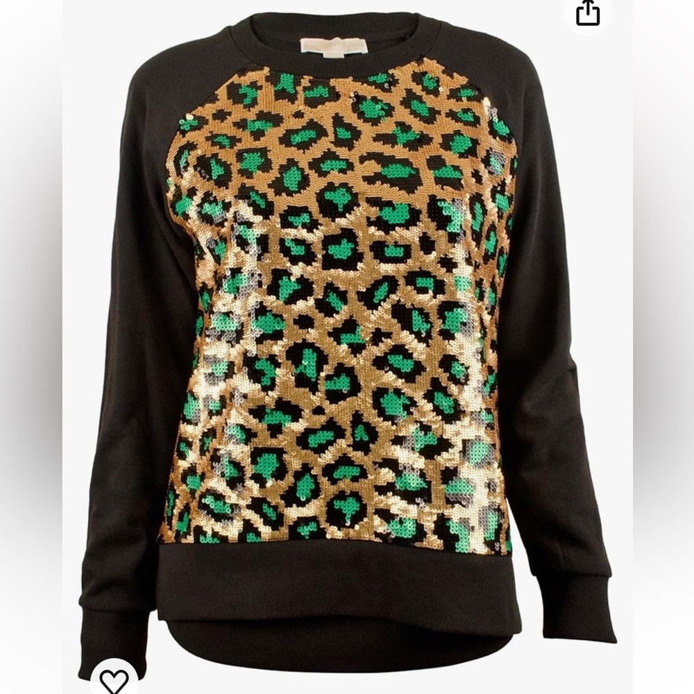 MICHAEL KORS Chee­tah Se­quin Long Sleeve Ter­ry Top, Black, Women’s P/M